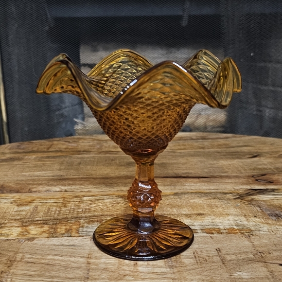 Indiana Glass Fluted Compote Diamond Point Candy Dish Amber Pedestal Ball Stem - Picture 5 of 11